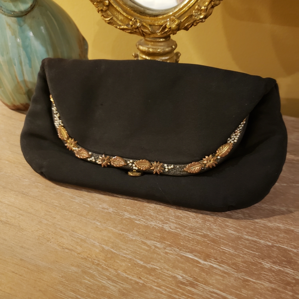 Vintage Black Clutch with Gold, Bronze & Pearl Accents
